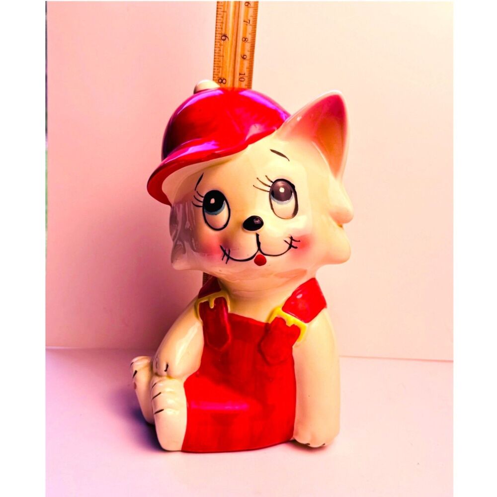 Cat Kitty Japan Coin Piggy Bank Vintage Ceramic Baseball Cap and Overalls 8in - Picture 6 of 11